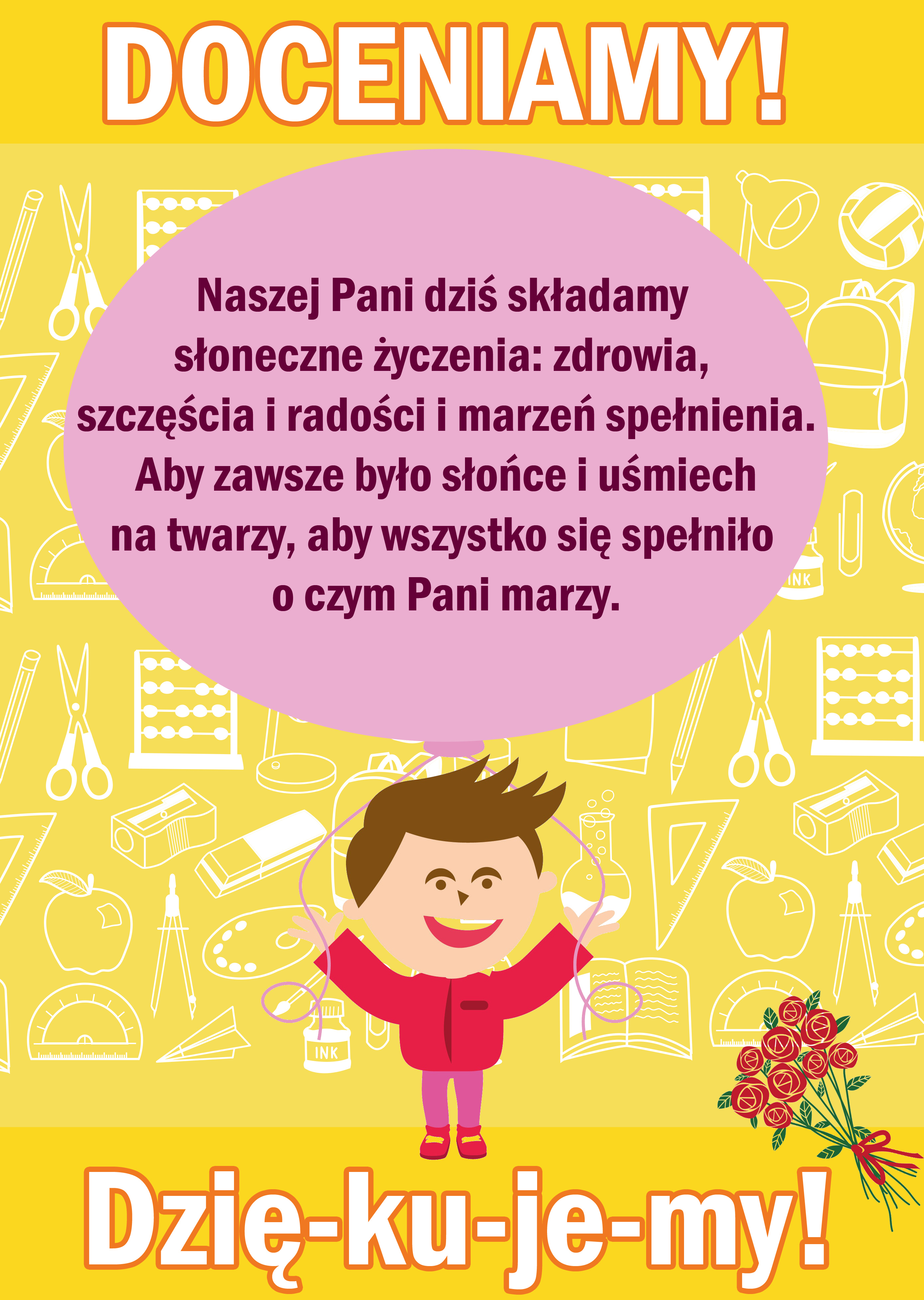 Chłopczyk ze skakanką i życzeniami z okazji dnia nauczyciela